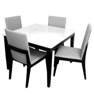 ALVA 4-Person Dining Table Set – Modern Marble Top with Upholstered Chairs