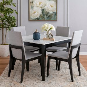 ALVA 4-Person Dining Table Set – Modern Marble Top with Upholstered Chairs