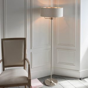 Endon Highclere Brushed Chrome Floor Lamp - Linen Shade