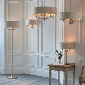 Endon Highclere Brushed Chrome Floor Lamp - Linen Shade