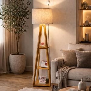 Floor Lamp with 3-Tier Wooden Shelves, Linen Shade, Tripod Style, Living Room Standing Light