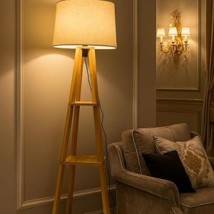 Floor Lamp with 3-Tier Wooden Shelves, Linen Shade, Tripod Style, Living Room Standing Light