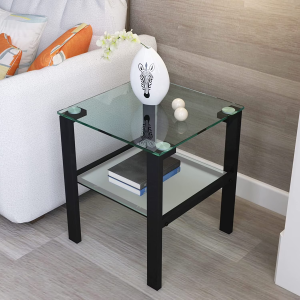 Holaki 2 Layer Glass End Table , Square Tea Table, Bedroom Corner Table, Living Room Side Table, Transparent