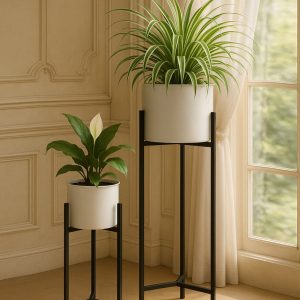 Metal Planters Outdoor & Indoor, Metal Farmhouse Decor for Garden, Patio, Porch & Balcony, Pots with Stand, Front Door Decorative set of 2, Black Triangle Base