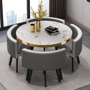 Modern Space Saving Round Dining Table And Chair Set with Marble Texture Laminated Top