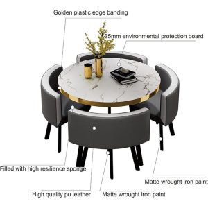 Modern Space Saving Round Dining Table And Chair Set with Marble Texture Laminated Top