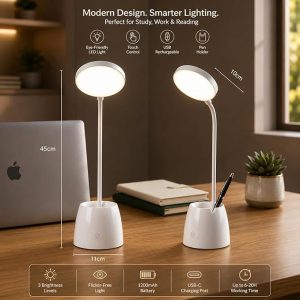 SaleOn Rechargeable LED Study Lamp with Pen Stand & Mobile Holder  Touch Control Table Lamp with 3 Light Modes for Study Desk, Bedside, Office  USB Charging (X1 Desk Lamp)