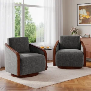 Set of 2 Modern 360° Swivel Accent Barrel Chairs with Wood Arms