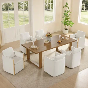 Spruce & Spring Modern Chenille Dining Chair with Casters, Wood Inlay & Hidden Storage - Set of 4 - White
