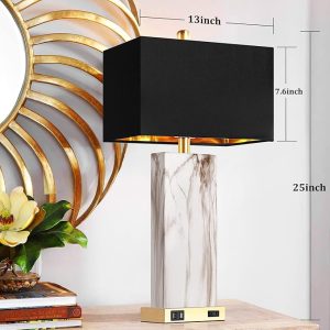 Touch Control Table Lamps Set of 2, Modern Contemporary Bedside Lamp with 2 USB Ports 1 AC Outlet, 3-Way Dimmable Nightstand Lamp Faux Marble Gold Black Rectangular Shade for Living Room Bedroom
