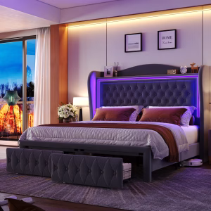 ROOTS - LuminaGlow Tufted Wingback Bed with LED Lighting & Storage