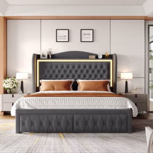 ROOTS - LuminaGlow Tufted Wingback Bed with LED Lighting & Storage