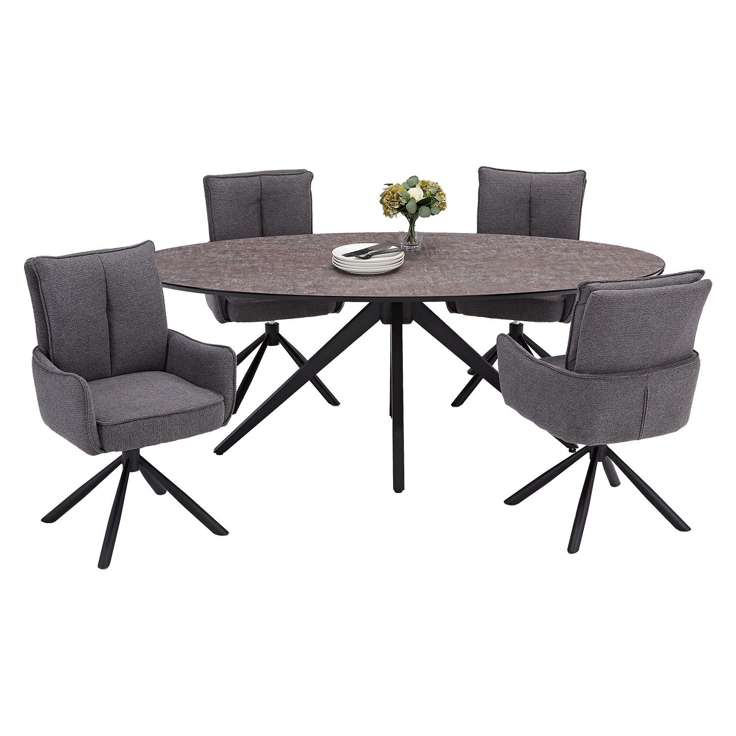 ROOTS - 4-Seater Oval Dining Table Set with Modern Swivel Dining Chairs - Image 14