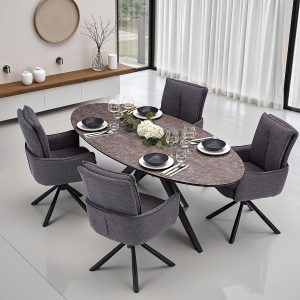 ROOTS - 4-Seater Oval Dining Table Set with Modern Swivel Dining Chairs