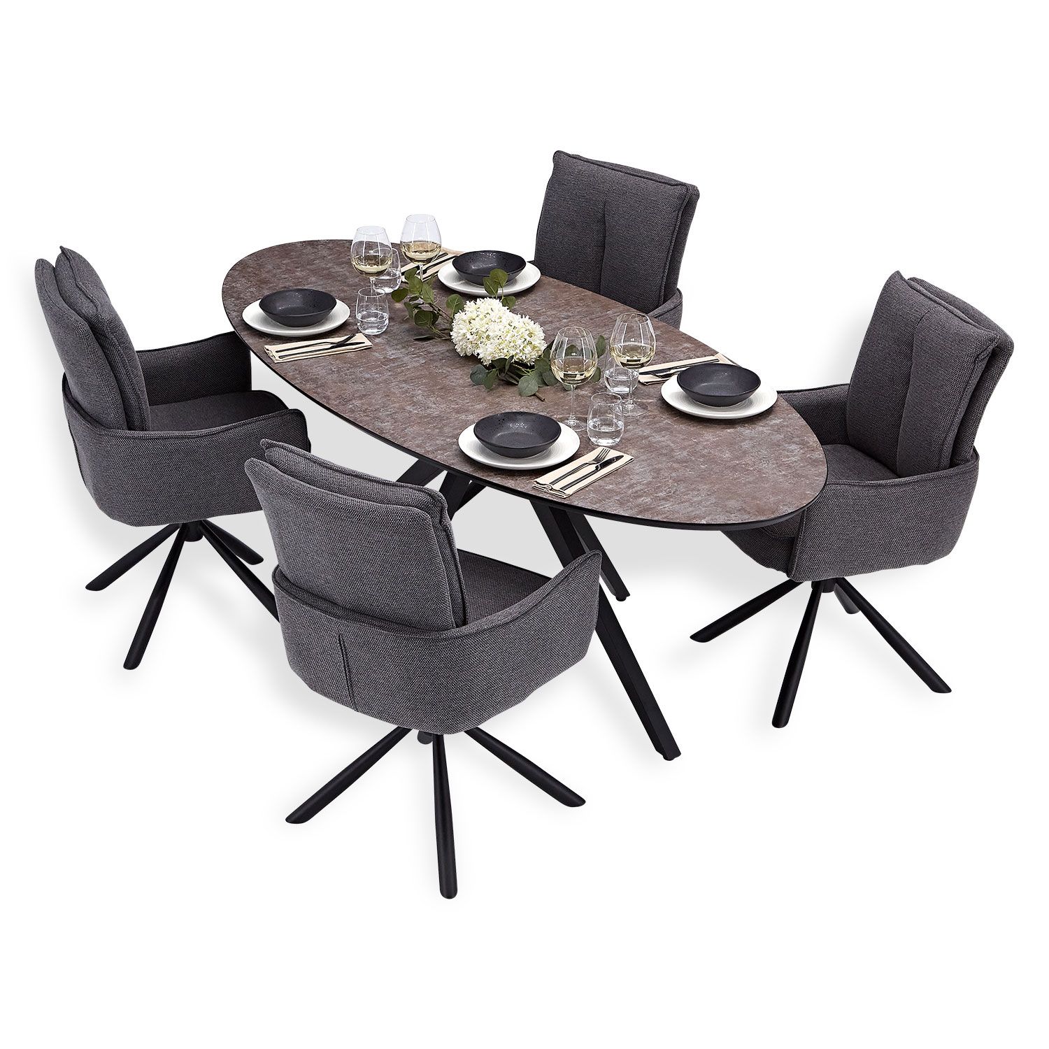 ROOTS - 4-Seater Oval Dining Table Set with Modern Swivel Dining Chairs - Image 3